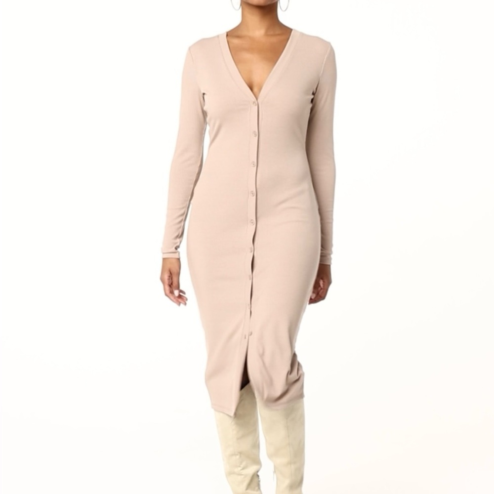 Chic Beige Long Sleeve Button-Down Dress